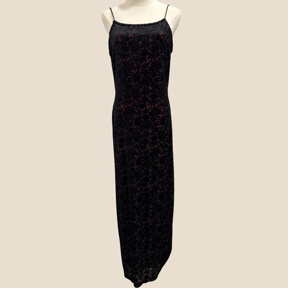 VTG 90s Roberta Black Red Burnout Velvet Rose Maxi Dress Large Vampy Whimsigoth